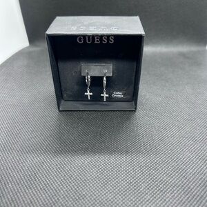 GUESS Silver Cross Dangle Hoop Earrings for Men